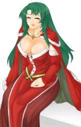Rule 34 | 1girl, belt, breasts, cape, cecilia (fire emblem), cecilia (winter) (fire emblem), cleavage, closed eyes, dress, elbow gloves, fire emblem, fire emblem: the binding blade, fire emblem heroes, fur trim, gloves, green hair, highres, long hair, medium breasts, nintendo, open mouth, red dress, red gloves, solo, strapless, strapless dress, tridisart