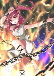 Rule 34 | 1girl, ankle cuffs, barefoot, chain, cuffs, dress, fire, full body, highres, jewelry, lobstrater64, looking at viewer, magi the labyrinth of magic, morgiana, open mouth, pendant, red eyes, red hair, shackles, sidelocks, solo, two side up, white dress