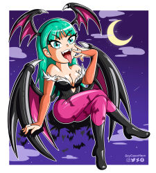 artist_request bat bat_wings boots breasts cleavage cleavage_cutout clothing_cutout crossed_legs darkstalkers elbow_gloves gloves green_eyes green_hair head_wings heeled_boots high_heels knee_boots moon morrigan_aensland night night_sky open_mouth pantyhose sky sleeveless soycuscatleco thighhighs tongue tongue_out wings wings_on_head