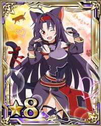 Rule 34 | 10s, 1girl, ahoge, animal ears, armor, black gloves, card (medium), cat, cat ears, cat tail, covered navel, fingerless gloves, gloves, hairband, heart, long hair, looking at viewer, one eye closed, open mouth, paw pose, purple armor, purple hair, red eyes, red hairband, red ribbon, ribbon, solo, star (symbol), sword art online, tail, tail ornament, tail ribbon, yuuki (sao)