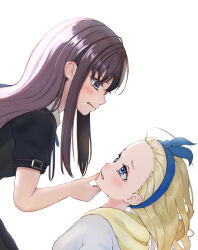 Rule 34 | 2girls, black dress, blonde hair, blue eyes, blue ribbon, blush, brown hair, dress, eye contact, grabbing another&#039;s chin, hand on another&#039;s chin, highres, hood, hood down, hoodie, inoue takina, kurumi (lycoris recoil), long hair, looking at another, lycoris recoil, multiple girls, purple eyes, ribbon, sharc, short sleeves, tearing up, white background