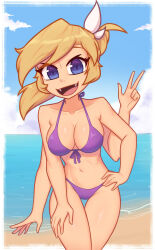 Rule 34 | 1girl, bad source, bikini, blonde hair, blue eyes, breasts, cloud, collarbone, extra arms, fangs, highres, large breasts, long hair, looking at viewer, navel, neck, nelly (xyronii), nose, ocean, open mouth, original, ponytail, sky, smile, solo, swimsuit, thighs, tounge, xyronii