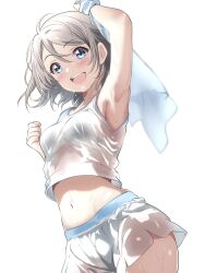Rule 34 | 1girl, :d, arm up, armpits, blue eyes, borgbutler, breasts, commentary request, cropped shirt, hair between eyes, highres, holding, holding towel, light brown hair, looking at viewer, love live!, love live! sunshine!!, medium breasts, midriff, navel, open mouth, shirt, short hair, short shorts, shorts, smile, solo, sportswear, sweat, towel, watanabe you, wet, wet clothes, wet shirt, wet shorts, white background, white shirt, white shorts
