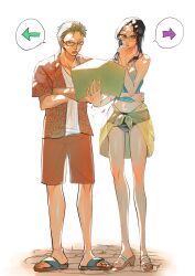 Rule 34 | 1boy, 1girl, arrow (symbol), black hair, blue shirt, commentary request, crossed arms, extra arms, green hair, hana hana no mi, highres, holding, holding map, long hair, looking at object, map, nico robin, one eye closed, one piece, petals, piry, roronoa zoro, sarong, scar, scar across eye, scar on leg, see-through, see-through sarong, shirt, short hair, shorts, sleeveless, sleeveless shirt, sunglasses, white background, white shirt