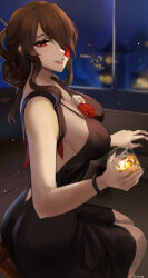 Rule 34 | 1girl, beidou (genshin impact), black dress, black hair, black nails, blurry, blurry background, bracelet, breasts, colored eyepatch, dress, dress flower, drink, eyepatch, from side, genshin impact, hair ornament, hair over one eye, hair stick, half updo, hand rest, highres, holding, holding drink, jewelry, large breasts, long hair, looking at viewer, nail polish, night, one eye covered, parted lips, red eyes, signature, sitting, smile, solo, tommy (kingdukeee)