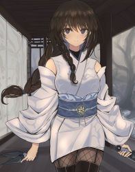 Rule 34 | 1girl, braid, braided ponytail, breasts, brown hair, commentary, cowboy shot, fishnets, highres, hinomaru (futagun), holding, holding weapon, indoors, kunai, long hair, looking at viewer, medium breasts, ninja, original, pantyhose, parted lips, sash, smile, solo, standing, thighhighs, weapon
