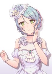 Rule 34 | 10s, 1girl, aqua hair, ascot, ayasaka, bang dream!, black choker, blue flower, blue rose, bracelet, braid, choker, commentary request, detached sleeves, dress, flower, green eyes, hair flower, hair ornament, hand on own cheek, hand on own face, hat, hat flower, hat ribbon, hikawa sayo, jewelry, lace, lace-trimmed hat, lace-trimmed headwear, lace trim, looking at viewer, necklace, parted lips, pearl bracelet, pearl necklace, pink flower, pink rose, ribbon, rose, sidelocks, solo, upper body, wedding dress, white dress, white flower, white ribbon, white rose, yellow flower, yellow rose