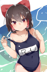 Rule 34 | 1girl, black one-piece swimsuit, blush, bow, breasts, brown hair, closed mouth, commentary request, cookie (touhou), cowboy shot, frilled hair tubes, frills, hair between eyes, hair bow, hair tubes, hakurei reimu, highres, large breasts, looking at viewer, name tag, one-piece swimsuit, pulled by self, red bow, red eyes, reu (cookie), school swimsuit, short hair, solo, strap pull, swimsuit, touhou, v-shaped eyebrows, water, yumekamaborosh