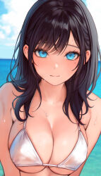 Rule 34 | 1girl, absurdres, bikini, black hair, blue eyes, blush, breasts, breasts squeezed together, chromatic aberration, cleavage, close-up, collarbone, commentary, day, dripping, eyelashes, hair behind ear, hair over shoulder, highres, horizon, large breasts, lips, long hair, looking at viewer, mole, mole under eye, ocean, original, outdoors, parted bangs, raeun 46, shiny skin, sidelocks, smile, solo, string bikini, swimsuit, symbol-only commentary, underboob, upper body, wet, white bikini