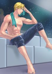 Rule 34 | 1boy, blonde hair, capri pants, cliff fittir, commentary request, feet, highres, male focus, muscular, pants, sitting, sky, solo, space, sparkle, star (sky), star ocean, star ocean anamnesis, star ocean till the end of time, starry sky, topless male, towel