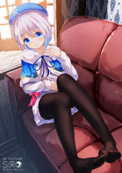 Rule 34 | .live, 1girl, :d, antenna hair, beret, black pantyhose, blue capelet, blue eyes, blue hat, blush, capelet, character name, chinomaron, collarbone, commentary request, couch, dennou shoujo siro, dress, fur-trimmed capelet, fur trim, hair between eyes, hair ornament, hand up, hat, head tilt, highres, indoors, long hair, long sleeves, looking at viewer, on couch, open mouth, pantyhose, short hair, short shorts, shorts, sidelocks, silver hair, sitting, smile, solo, sunlight, twitter username, virtual youtuber, white dress, white shorts, window, x hair ornament