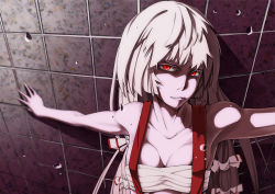 Rule 34 | 1girl, bandages, bare shoulders, breasts, chest sarashi, cleavage, collarbone, female focus, fujiwara no mokou, leaning back, long hair, looking at viewer, narrow (guohaoran), no shirt, outstretched arms, red eyes, sarashi, silver hair, solo, suspenders, touhou, upper body, wall