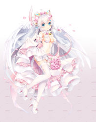 Rule 34 | 1girl, angel wings, animal ears, bad id, bad pixiv id, bare shoulders, blue eyes, bouquet, braid, breasts, cat ears, cat tail, clothing cutout, commentary, dress, elbow gloves, flower, full body, garter straps, gloves, hair flower, hair ornament, heart, heart-shaped pupils, heart hair ornament, high heels, highres, iron saga, long hair, looking at viewer, medium breasts, meruru (iron saga), mvv, navel, navel cutout, petals, ribbon, shoes, skirt hold, solo, symbol-shaped pupils, tail, thighhighs, twin braids, very long hair, white dress, white footwear, white gloves, white hair, white thighhighs, wings
