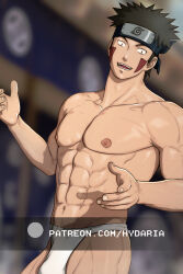 Rule 34 | 1boy, abs, alternate pectoral size, bara, blurry, blurry background, briefs, bulge, cowboy shot, facial mark, forehead protector, hands up, hydaria, inuzuka kiba, konohagakure symbol, looking at viewer, male focus, male underwear, muscular, muscular male, naruto (series), naruto shippuuden, navel, nipples, paid reward available, pectorals, short hair, sideburns, smile, solo, spiked hair, stomach, topless male, underwear, watermark, white male underwear