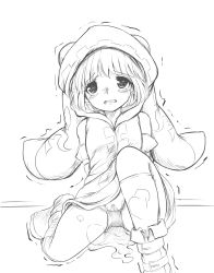 Rule 34 | 1girl, arms behind back, bare shoulders, blush, boots, character request, clenched teeth, darashi na panda, detached sleeves, dress, embarrassed, female focus, flat chest, greyscale, highres, hood, hooded dress, knee up, kneehighs, looking at viewer, monochrome, nose blush, panties, peeing, peeing self, puddle, shironeko project, short dress, short hair, sitting, sketch, sleeveless, sleeveless dress, socks, solo, steam, tears, teeth, trembling, underwear, upskirt, wet, wet clothes, wet panties, white background