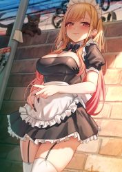 Rule 34 | 1girl, apron, black cat, blonde hair, breasts, brick wall, cat, cleavage, commentary request, garter straps, highres, kitagawa marin, large breasts, looking at viewer, maid, maid apron, maid headdress, nail polish, outdoors, red eyes, smile, solar (happymonk), sono bisque doll wa koi wo suru, thighhighs, thighs, v, white thighhighs
