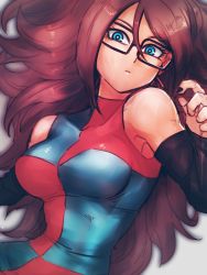 Rule 34 | 1girl, android 21, black-framed eyewear, black nails, blue eyes, breasts, brown hair, checkered clothes, checkered dress, commentary request, curly hair, detached sleeves, dragon ball, dragon ball fighterz, dress, expressionless, glasses, hair between eyes, kemachiku, long hair, looking at viewer, medium breasts, nail polish, narrow waist, sleeveless, sleeveless dress, solo, two-tone dress, very long hair