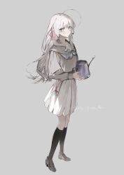 Rule 34 | 1girl, absurdres, ahoge, black socks, blue neckerchief, closed mouth, full body, grey background, grey eyes, grey shirt, hair ribbon, highres, holding, holding watering can, kneehighs, loafers, long hair, long sleeves, looking at viewer, meisho mikaku, neckerchief, original, pink ribbon, pleated skirt, ribbon, sailor collar, school uniform, serafuku, shirt, shoes, simple background, skirt, socks, solo, standing, twitter username, watering can, white background, white hair, white skirt