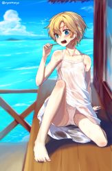 Rule 34 | 1girl, bare shoulders, barefoot, blonde hair, blue eyes, blush, cameltoe, day, dress, embarrassed, feet, female focus, highres, hot, iris (ryou@ryou), ocean, open mouth, original, outdoors, panties, popsicle stick, pussy, pussy peek, ryou@ryou, see-through, short hair, sitting, solo, sweat, toes, twitter username, underwear, upskirt, water, wet, wet clothes, white dress, white panties