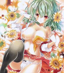 Rule 34 | 1girl, ayuayu (chisuke ayu), bad id, bad pixiv id, bare shoulders, black thighhighs, blush, breasts, cameltoe, cleavage, clothes lift, collarbone, colored pencil (medium), flower, green hair, hair flower, hair ornament, kazami yuuka, large breasts, leg up, marker (medium), no bra, off shoulder, open clothes, open shirt, open vest, panties, red eyes, ribbon, sample watermark, shirt, skirt, skirt lift, solo, sunflower, thighhighs, touhou, traditional media, underwear, upskirt, vest, watermark, white panties