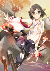 Rule 34 | 10s, 1girl, ammunition, bare shoulders, black hair, black pantyhose, blue eyes, blush, boots, breasts, burnt clothes, cannon, cloud, detached sleeves, glasses, hairband, japanese clothes, kantai collection, kirishima (kancolle), nontraditional miko, pantyhose, personification, short hair, skirt, sky, solo, tetsubuta, thigh boots, thighhighs, torn clothes, torn legwear, turret, water, yellow sky