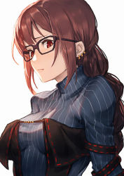 Rule 34 | 1girl, black dress, blue skirt, braid, breasts, brown-framed eyewear, brown hair, closed mouth, commentary request, dress, ear piercing, earrings, fate/grand order, fate (series), glasses, grey background, head tilt, highres, jewelry, kazuki seto, looking at viewer, medium breasts, piercing, red eyes, ribbon-trimmed dress, ribbon trim, shirt, sidelocks, simple background, single braid, skirt, solo, striped clothes, striped shirt, turtleneck, upper body, vertical-striped clothes, vertical-striped shirt, yu mei-ren (fate), yu mei-ren (first ascension) (fate)