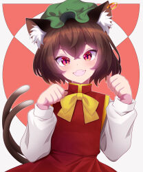 Rule 34 | 1girl, :d, animal ear fluff, animal ear piercing, animal ears, blush, bow, bowtie, brown hair, cat ears, cat tail, chen, commentary request, crossed bangs, dot nose, double-parted bangs, earrings, eyelashes, fangs, flat chest, gold trim, green hat, hair between eyes, hands up, hat, highres, jewelry, kisaragi koushi, long sleeves, looking at viewer, mob cap, multiple tails, nekomata, open mouth, outline, paw pose, puffy long sleeves, puffy sleeves, red background, red eyes, red skirt, red vest, short hair, simple background, single earring, skin fangs, skirt, skirt set, slit pupils, smile, solo, tail, touhou, two tails, upper body, vest, white outline, yellow bow, yellow bowtie