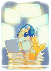 Rule 34 | abstract background, black eyes, bummerdude, claws, commentary, computer, creature, creatures (company), english commentary, full body, game freak, gen 1 pokemon, headphones, highres, laptop, nintendo, no humans, paper, paper stack, pokemon, pokemon (creature), sandshrew, sitting, sitting on object, solo