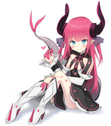 Rule 34 | 10s, 1girl, applepie (12711019), blue eyes, blush, boots, curled horns, detached sleeves, dragon girl, dragon tail, dress, elizabeth bathory (fate), elizabeth bathory (fate/extra ccc), elizabeth bathory (first ascension) (fate), fate/extra, fate/extra ccc, fate (series), flat chest, full body, hair ornament, hand on own knee, heart, high heel boots, high heels, highres, horns, knees up, long hair, looking at viewer, pink hair, pointy ears, simple background, sitting, smile, solo, tail, white background, wrist cuffs