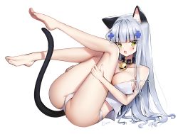 Rule 34 | 1girl, animal ears, ankkoyom, ass, bad id, bad pixiv id, bare legs, bare shoulders, bell, blush, breasts, camisole, cat ears, cat girl, cat tail, choker, cleavage, commentary request, cross, facepaint, fang, feet, full body, girls&#039; frontline, green eyes, highres, hk416 (girls&#039; frontline), iron cross, large breasts, legs up, long hair, looking at viewer, lying, neck bell, on back, panties, silver hair, simple background, solo, spaghetti strap, strap slip, tail, teardrop, thighs, underwear, very long hair, white background, white camisole, white panties