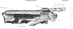 Rule 34 | absurdres, battleship (eve online), concept art, english text, eve online, from side, greyscale, highres, jetheart, machinery, military, military vehicle, monochrome, no humans, original, science fiction, space ship, spacecraft, spaceship, thrusters, vehicle focus