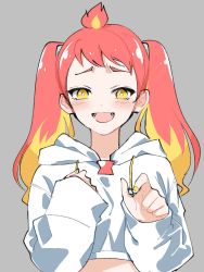 Rule 34 | 1girl, :d, blonde hair, blush, commentary request, crop top, drawstring, fangs, forehead, grey background, hands up, hikasa tomoshika, hood, hood down, hoodie, kiko (kikobooom), long hair, long sleeves, looking at viewer, multicolored hair, nail polish, open mouth, pointing, pointing at viewer, red hair, simple background, sleeves past wrists, smile, solo, two-tone hair, upper body, virtual youtuber, voms, white hoodie, yellow eyes, yellow nails