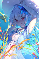 Rule 34 | 1girl, aqua hair, arm over head, blue flower, blunt bangs, blush, character name, colored inner hair, confetti, dress, embarrassed, flower, frilled dress, frills, hair flower, hair ornament, highres, kuro-kun (nablack), lize helesta, lize helesta (2nd costume), long hair, looking at viewer, multicolored hair, nijisanji, official alternate costume, open mouth, party popper, purple eyes, sebastian piyodore, sidelocks, solo, sundress, virtual youtuber, white hair, white headwear, yellow bird