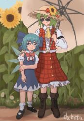 Rule 34 | 2girls, absurdres, blue dress, blue eyes, blue hair, boots, bow, bowtie, brass knuckles, brown footwear, cirno, dress, duhota, field, flower, flower field, frilled skirt, frills, frown, green hair, hand on another&#039;s shoulder, height difference, highres, ice, ice wings, kazami yuuka, long sleeves, looking at viewer, mary janes, multiple girls, pinafore dress, plaid, plaid skirt, plaid vest, puffy short sleeves, puffy sleeves, red eyes, red skirt, red vest, redrawn, shirt, shoes, short hair, short sleeves, skirt, sleeve garter, sleeveless, sleeveless dress, socks, sunflower, sunglasses, tearing up, touhou, vest, wavy mouth, weapon, white shirt, wings