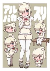 Rule 34 | 1girl, :3, alpaca ears, alpaca girl, alpaca suri (kemono friends), alpaca tail, animal ears, arms at sides, bad id, bad twitter id, blonde hair, bodystocking, breast pocket, character name, character sheet, chibi, closed eyes, closed mouth, flying sweatdrops, full body, fur-trimmed sleeves, fur scarf, fur trim, furrowed brow, grey eyes, hair bun, hair over one eye, hand up, hands up, head tilt, highres, horizontal pupils, index finger raised, kemono friends, long sleeves, looking at viewer, medium hair, multiple views, ngetyan, nose bubble, parted bangs, pocket, scarf, shoes, shorts, single hair bun, sleeping, sleeping upright, standing, sweater vest, tail, thigh gap, zzz