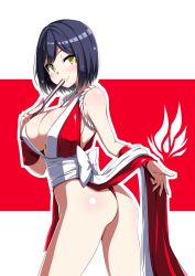 Rule 34 | 1girl, ass, blue hair, blush, breasts, cleavage, cosplay, fatal fury, hand fan, highres, holding, holding fan, kaname nagi, large breasts, nijisanji, outline, revealing clothes, shiranui mai, shiranui mai (cosplay), shizuka rin, short hair, smile, solo, tagme, the king of fighters, virtual youtuber, white outline, wrist cuffs, yellow eyes