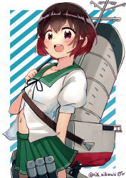 Rule 34 | 1girl, brown hair, commentary request, dress, gradient hair, green sailor collar, green skirt, kantai collection, machinery, milkmochi, multicolored hair, mutsuki (kancolle), navel, neck ribbon, open mouth, pleated dress, red hair, ribbon, sailor collar, school uniform, serafuku, short hair, skirt, smile, solo, striped, striped background, teeth, upper teeth only