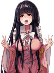 1girl, ahegao, bangs, black hair, blunt bangs, blush, bow, bowtie, breasts, collarbone, commentary, cowboy shot, double v, english commentary, eyebrows visible through hair, from above, highres, houraisan kaguya, large breasts, long hair, looking at viewer, oral invitation, pan-ooh, pink shirt, red eyes, red skirt, shirt, skirt, sleeves past elbows, solo, tears, touhou, transparent background, v, very long hair, white bow, white neckwear, wide sleeves