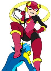 Rule 34 | 1boy, 1girl, bodysuit, capcom, corruption, femdom, helmet, high heels, highres, latex, latex bodysuit, long boots, long glove, looking down, mega man (series), mega man battle network, megaman.exe, red eyes, roll.exe (mega man), saucy-scones, simple background, stepped on, thighhighs, third-party edit, transparent background, whip