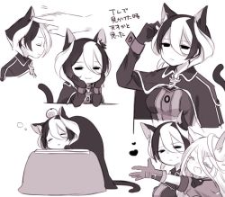 Rule 34 | 2girls, :3, :d, animal ears, bad id, bad twitter id, black hair, cape, cat ears, cat tail, closed mouth, commentary, dot nose, food, fruit, gloves, greyscale, hair between eyes, half-closed eyes, headpat, jacket, kemonomimi mode, kotatsu, long hair, looking at viewer, lyza (made in abyss), made in abyss, mandarin orange, miruko (milkyuoxou), monochrome, multicolored hair, multiple girls, open mouth, ozen, short hair, simple background, smile, sweatdrop, table, tail, translation request, two-tone hair, whistle, white background, white hair