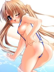 Rule 34 | 1girl, anus, anus peek, ass, beach, bent over, blue eyes, blue one-piece swimsuit, blush, breasts, brown hair, from behind, kneeling, long hair, looking at viewer, looking back, medium breasts, misty isle (yoji sorimura), nipple slip, nipples, ocean, one-piece swimsuit, one eye closed, partially submerged, sand, slingshot swimsuit, smile, sorimura youji, swimsuit, tongue, tongue out, twintails, water, wink