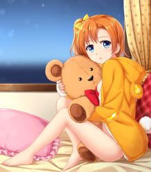 Rule 34 | 10s, 1girl, barefoot, blue eyes, bottomless, curtains, hugging doll, hair ribbon, highres, hood, hoodie, indoors, kosaka honoka, light brown hair, looking at viewer, love live!, love live! school idol festival, love live! school idol project, naked hoodie, hugging object, one side up, open clothes, open hoodie, pillow, ribbon, sitting, solo, stuffed animal, stuffed toy, teddy bear, tucana, window
