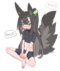 Rule 34 | 1girl, anger vein, animal ear fluff, animal ears, barefoot, bike shorts, black hair, blush, borrowed character, bow, english text, feet, female focus, flat chest, green bow, green eyes, hair bow, highres, looking at viewer, original, raigou, simple background, sitting, solo, spoken anger vein, tail, toes, v arms, white background, wolf ears, wolf girl, wolf tail