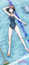 Rule 34 | 1girl, black hair, blue footwear, blue one-piece swimsuit, bucket, can, from above, full body, green eyes, highres, holding, holding can, lying, mop, on back, one-piece swimsuit, one eye closed, original, partially submerged, sandals, short hair, solo, swimsuit, tsune (dreamers express), unworn sandals, water