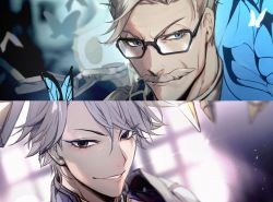 Rule 34 | 2boys, black eyes, blue eyes, bug, butterfly, chain, facial hair, fate/grand order, fate (series), glasses, grey hair, highres, insect, james moriarty (archer) (fate), james moriarty (ruler) (fate), male focus, multiple boys, mustache, no-kan, smile