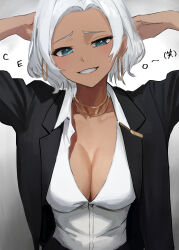 Rule 34 | 1girl, absurdres, arms behind head, arms up, black jacket, breasts, cleavage, collarbone, dark-skinned female, dark skin, dio nand, earrings, evil smile, forehead, grey hair, grin, gundam, gundam suisei no majo, highres, hoop earrings, jacket, jewelry, large breasts, open collar, parted lips, secelia dote, shirt, smile, solo, upper body, white shirt