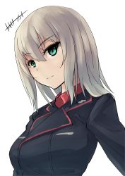 Rule 34 | 1girl, absurdres, artist name, black jacket, blue eyes, closed mouth, commentary, dress shirt, eyelashes, girls und panzer, highres, itsumi erika, jacket, kakimoto nao, kuromorimine military uniform, light frown, long sleeves, looking at viewer, medium hair, military, military uniform, one-hour drawing challenge, red shirt, shirt, signature, silver hair, simple background, solo, uniform, upper body, white background, wing collar