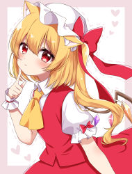 Rule 34 | 1girl, absurdres, animal ears, blonde hair, blush, border, bow, cat ears, closed mouth, collar, collared shirt, crystal, dress, eyes visible through hair, flandre scarlet, hand up, hat, hat bow, heart, heart-shaped pupils, highres, jewelry, looking at viewer, mob cap, multicolored wings, one side up, pointing, puffy short sleeves, puffy sleeves, purple border, red bow, red dress, red eyes, shinonome asu, shirt, short hair, short sleeves, smile, solo, symbol-shaped pupils, touhou, white background, white hat, white shirt, wings, wrist cuffs