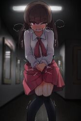 Rule 34 | 1girl, absurdres, between legs, black thighhighs, blush, bow, bowtie, brown hair, clenched teeth, commentary request, commission, hair between eyes, hand between legs, highres, ib (ib), ib (kouri), indoors, knees together feet apart, long hair, long sleeves, medium skirt, nose blush, one eye closed, parted lips, pee, peeing, peeing self, pleated skirt, red bow, red bowtie, red eyes, red skirt, shirt, sinasimu4746, skeb commission, skirt, solo, standing, sweat, teeth, thighhighs, urine meter, white shirt