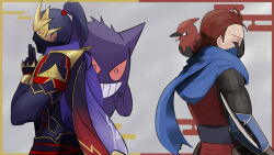 Rule 34 | 2boys, 2others, armor, back, commentary request, creatures (company), crossover, domino mask, facing away, fire emblem, fire emblem fates, fletchinder, game freak, gen 1 pokemon, gen 6 pokemon, gengar, hanzou (pokemon conquest), high ponytail, highres, hypo conductor, japanese armor, japanese clothes, kuji-in, male focus, mask, mouth mask, multiple boys, multiple others, ninja, nintendo, pokemon, pokemon conquest, purple hair, red hair, saizo (fire emblem), scar, scar on face, scarf